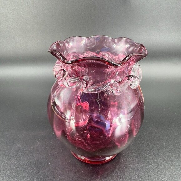 Vintage Pilgrim Cranberry Ruffled Round Vase Bowl Hand Made With Sticker Glass - Picture 12 of 12